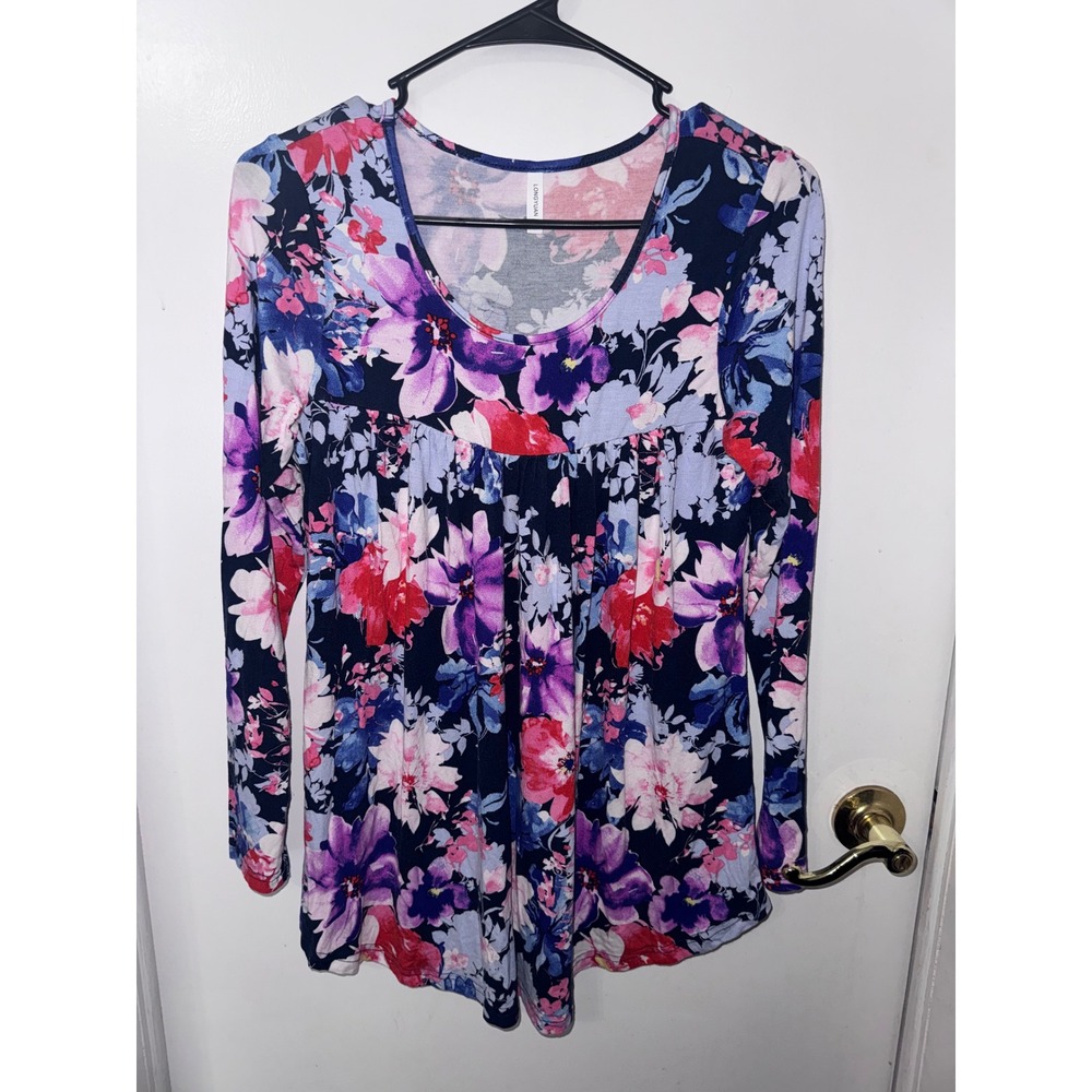 Longyuan Womens Floral Empire Waist Tunic Top Navy Blue Pink Purple Small